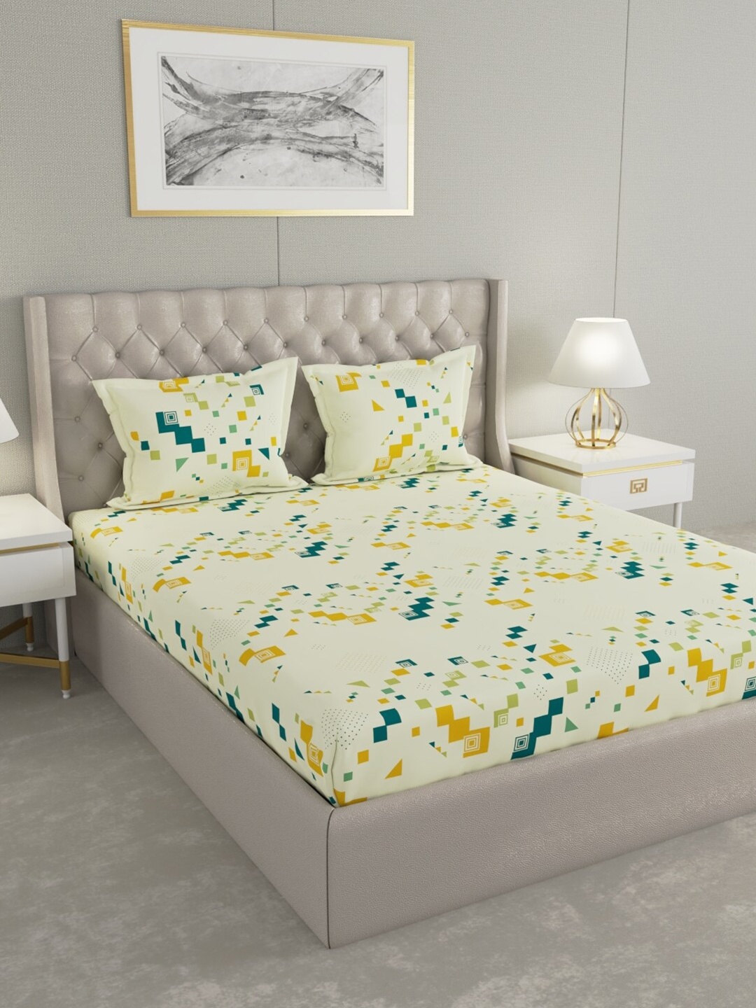 

Raymond Home Yellow & Green Geometric Cotton 104 TC Queen Bedsheet With 2 Pillow Covers