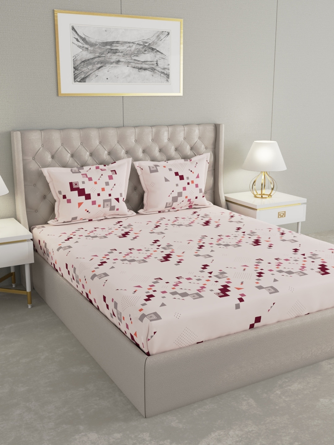 

Raymond Home Pink & Grey Printed Cotton 104 TC Queen Bedsheet With 2 Pillow Covers