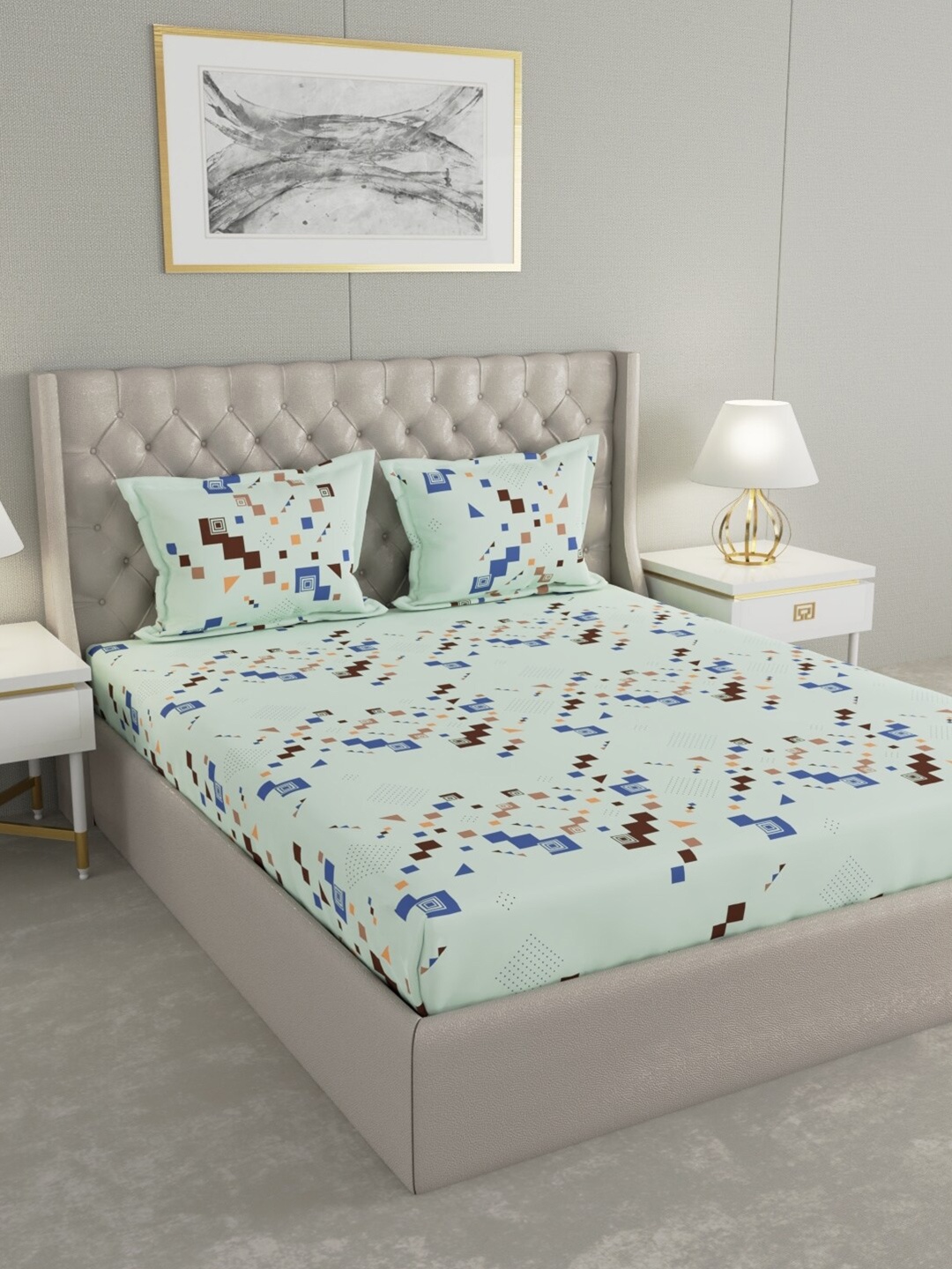 

Raymond Home Green & Blue Geometric Cotton 104 TC Queen Bedsheet With 2 Pillow Covers