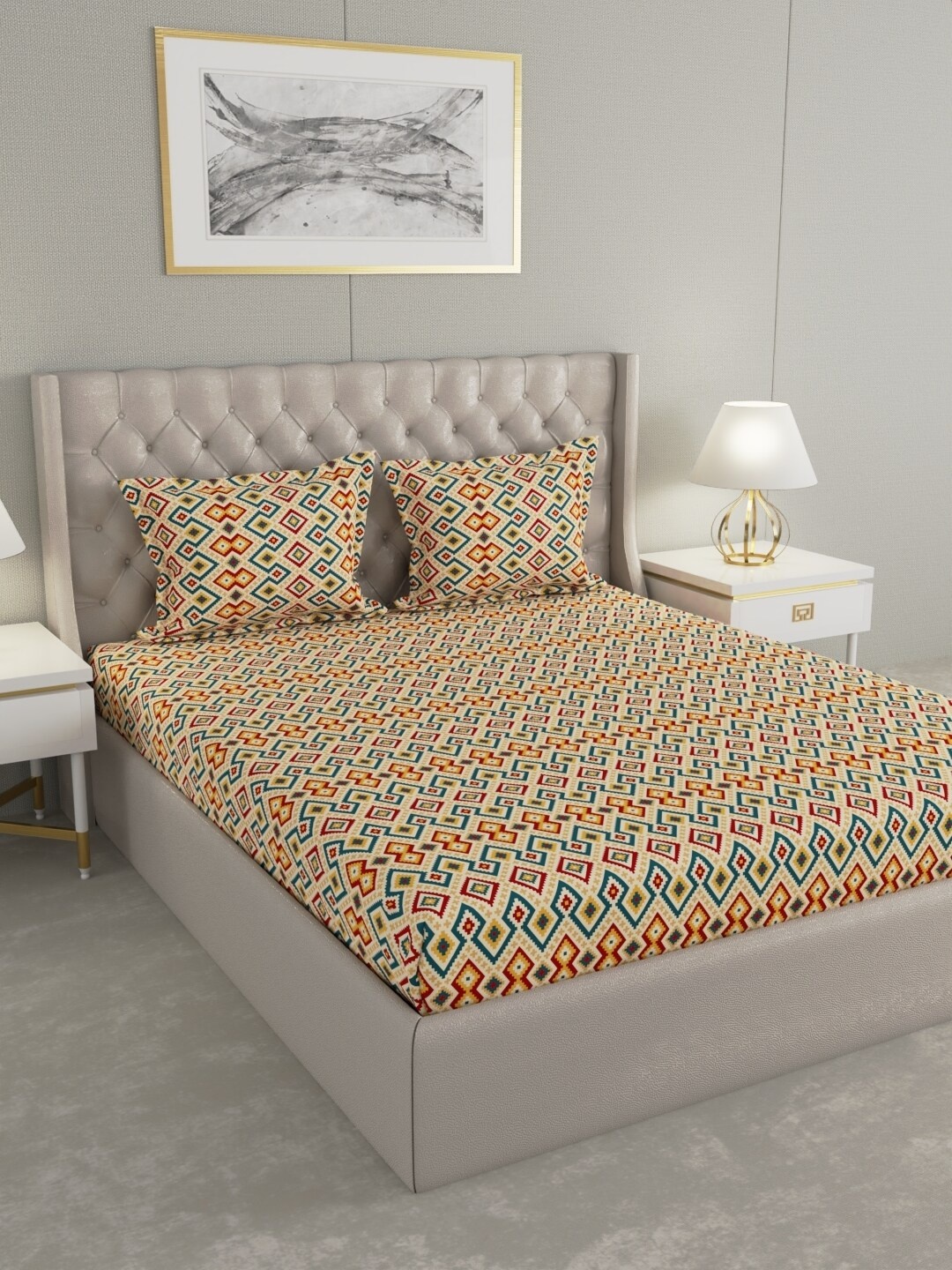 

Raymond Home Yellow & Red Geometric Cotton 104 TC Queen Bedsheet With 2 Pillow Covers