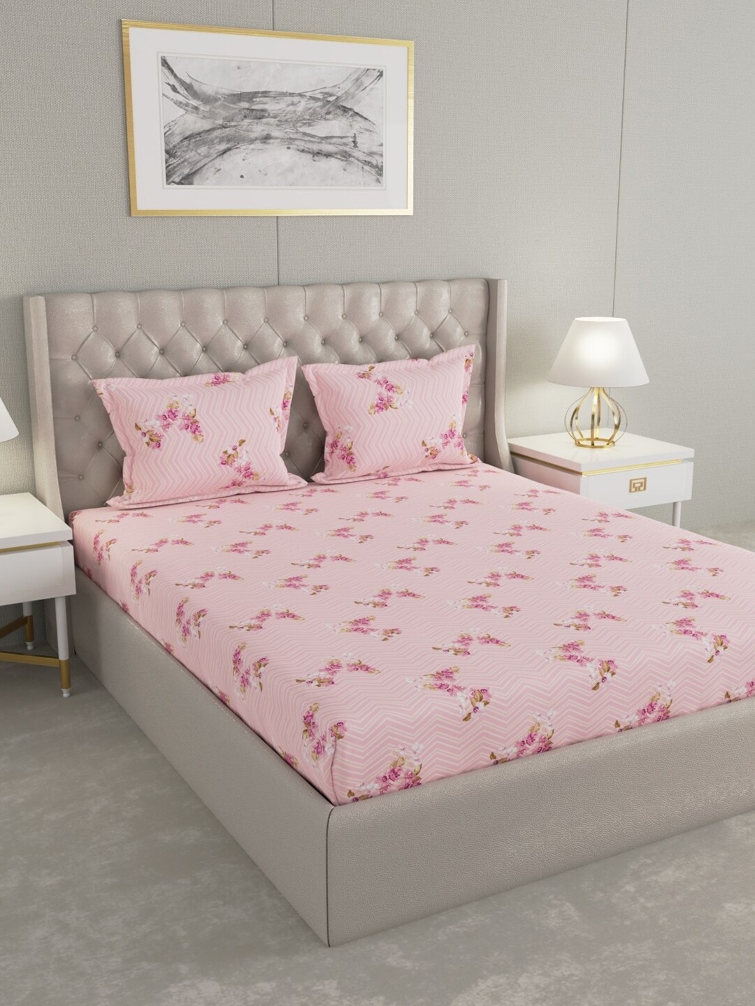 

Raymond Home Pink & White Floral Cotton 104 TC Queen Bedsheet With 2 Pillow Covers