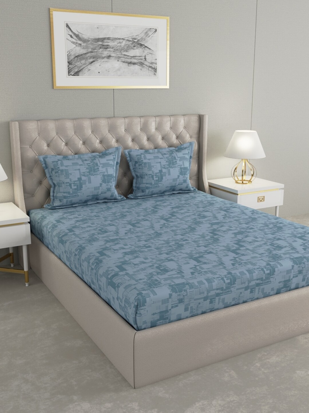 

Raymond Home Blue Printed Cotton 104 TC Queen Bedsheet With 2 Pillow Covers