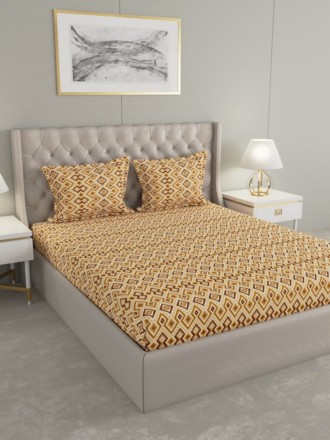 

Raymond Home Brown Geometric 104 TC Pure Cotton Queen Bedsheet with 2 Pillow Covers