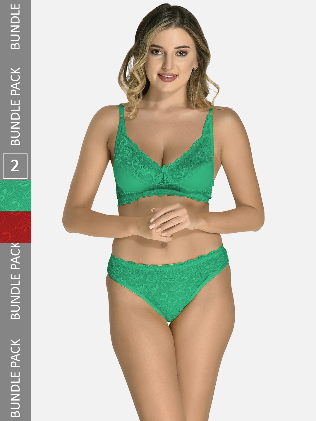 

StyFun Pack Of 2 Laced Lingerie Set LS_Iten_Set_GreenMaroon_B, Green