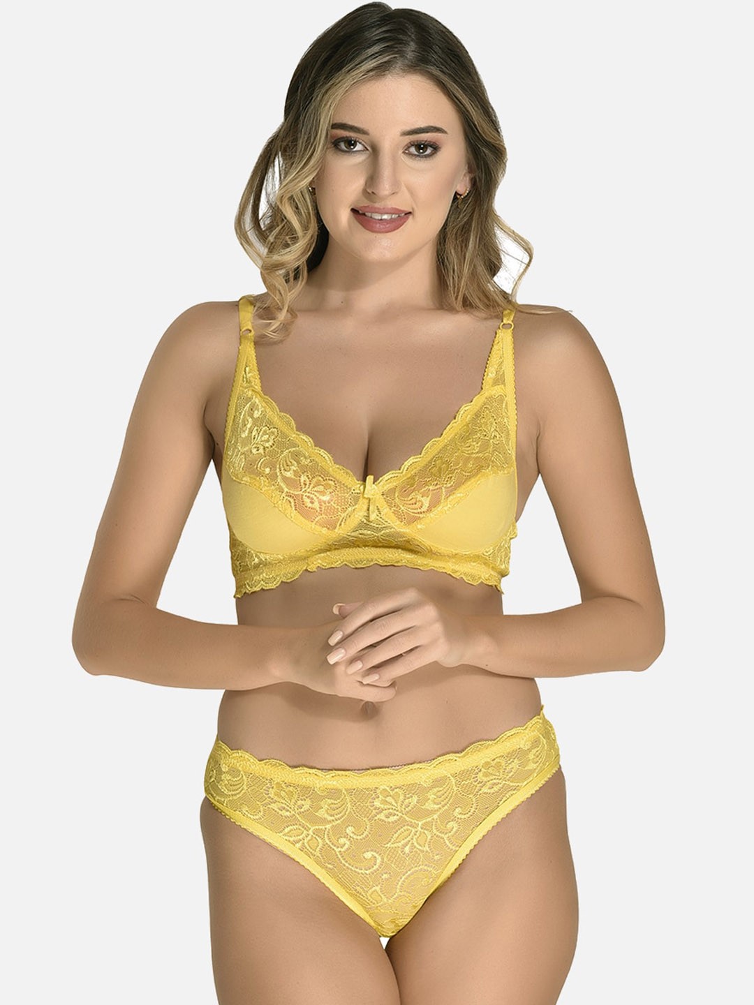 

StyFun Self Design Lace Lingerie Set, Yellow