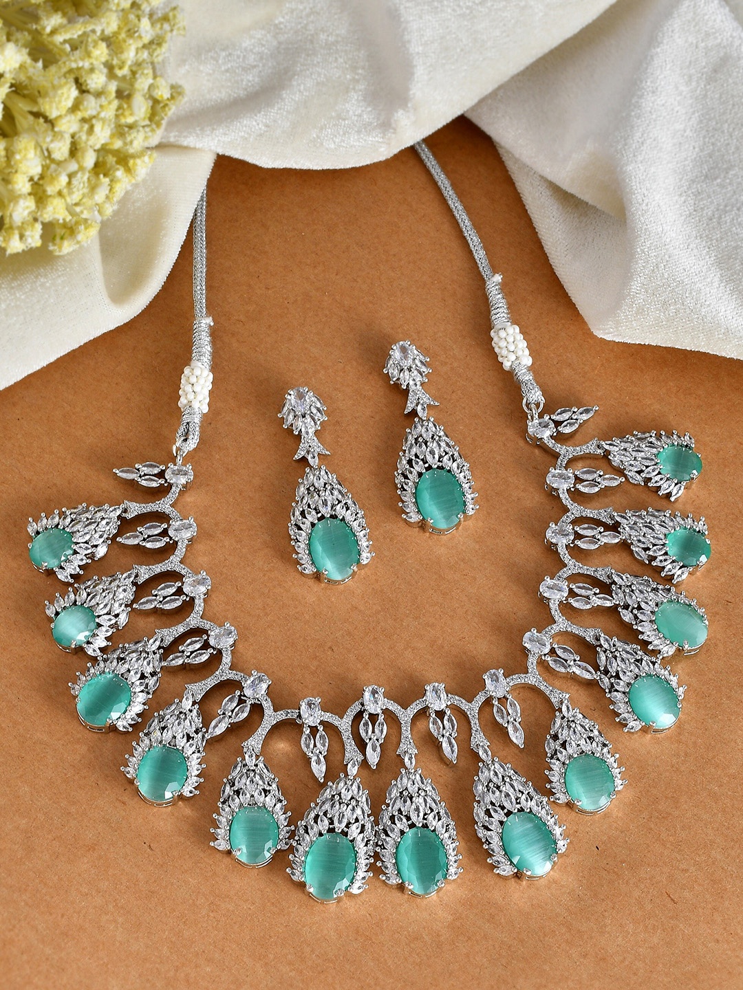 

Silvermerc Designs Silver-Plated American Diamond Stone-Studded Necklace & Earrings