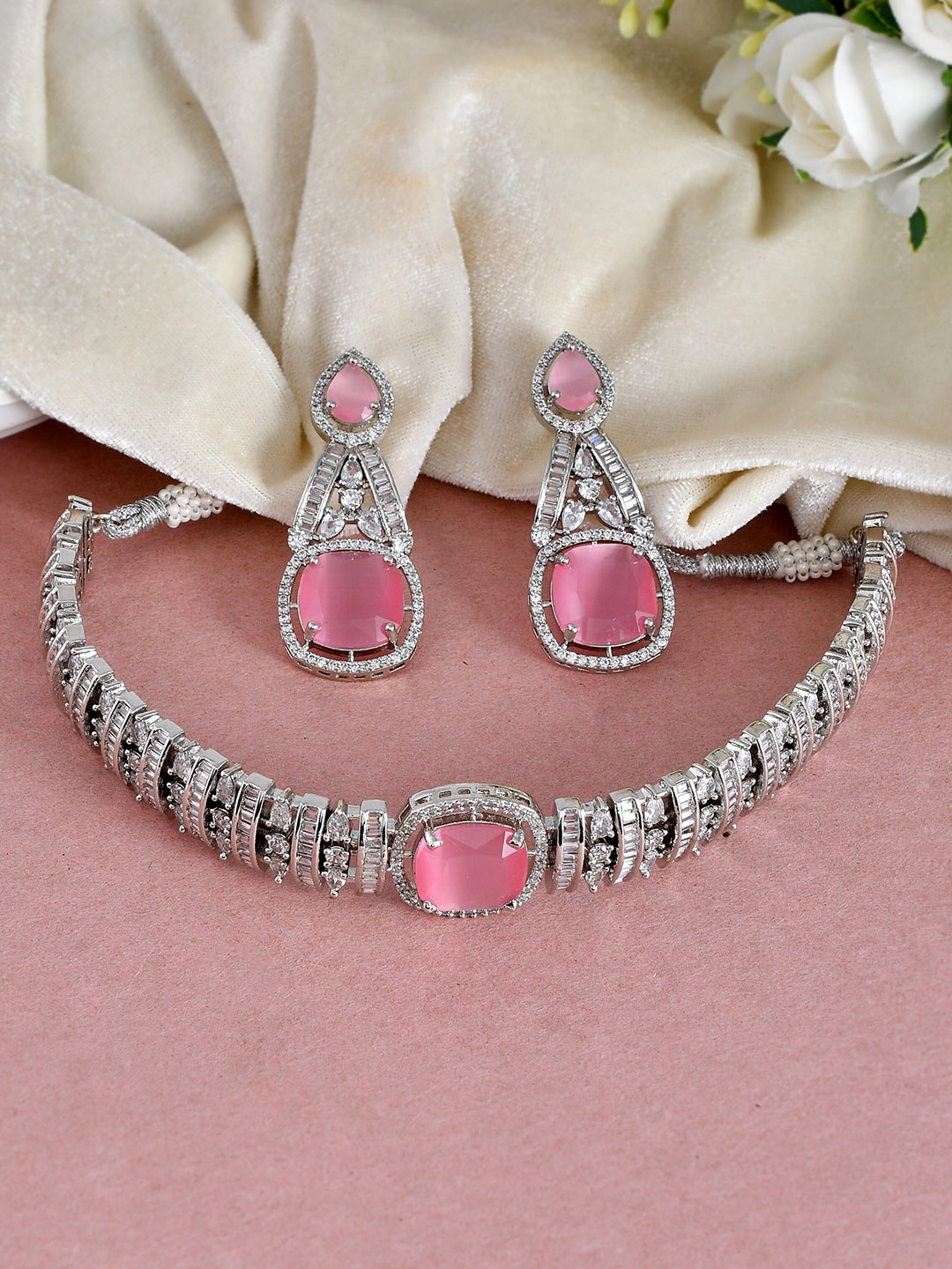 

Silvermerc Designs Silver-Plated AD Studded Necklace & Earrings