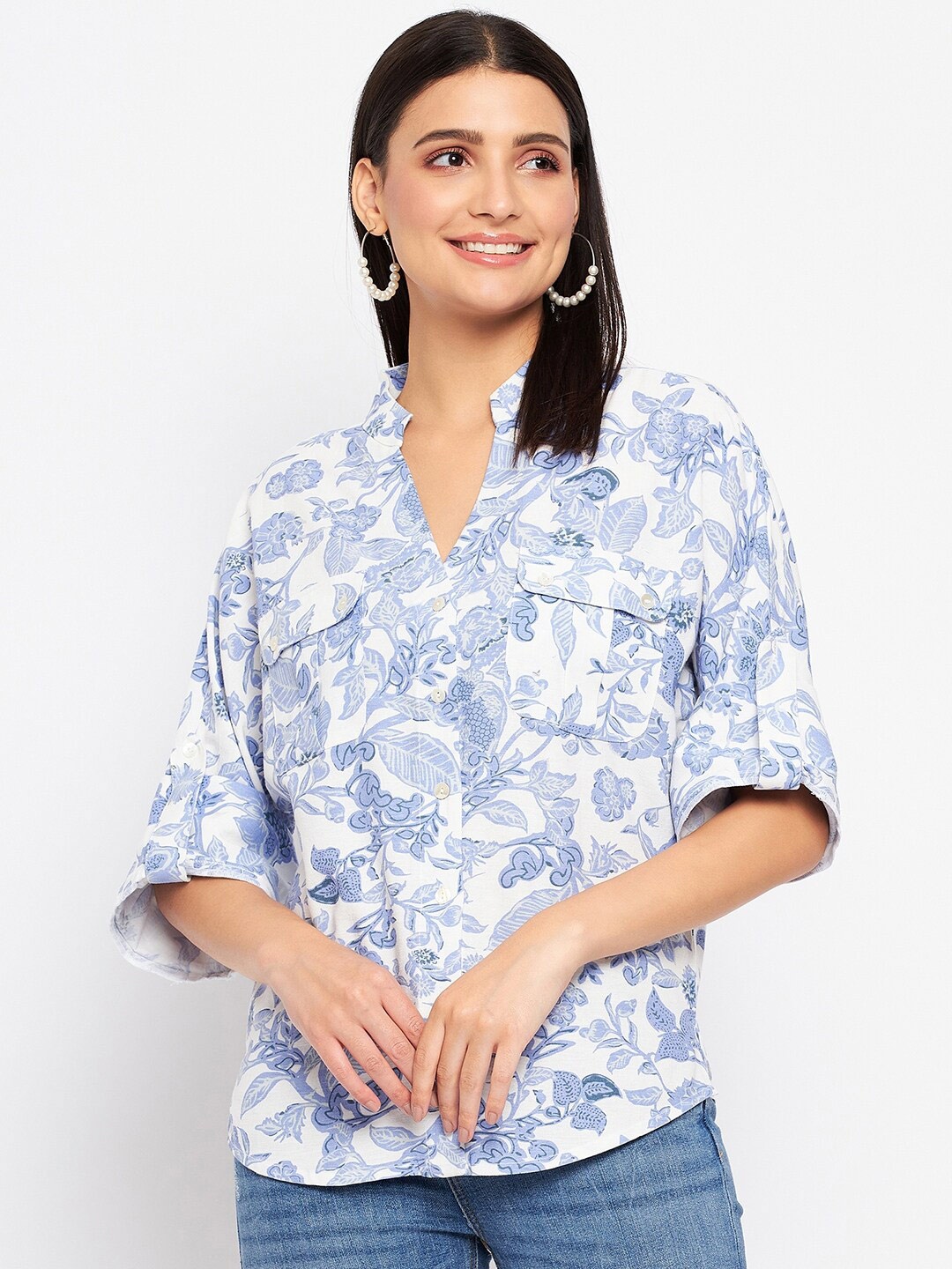 

Duke Floral Printed Mandarin Collar Shirt Style Top, White