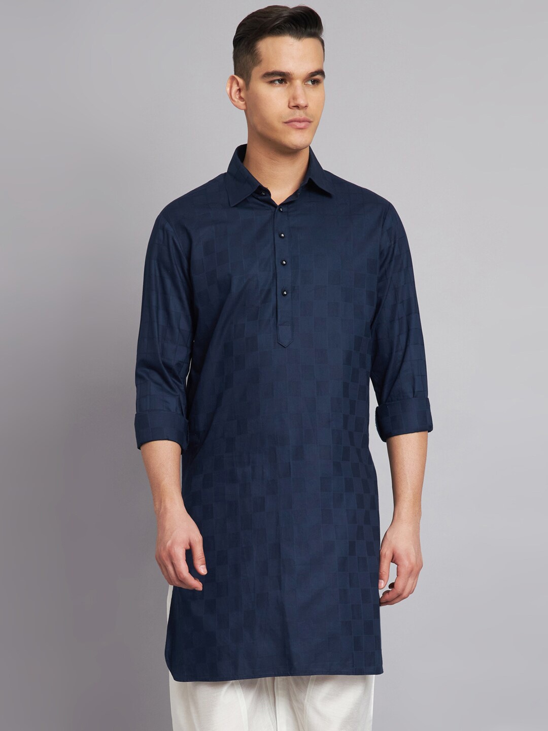 

MAXENCE Woven Design Regular Pure Cotton Kurta With Pyjamas, Navy blue