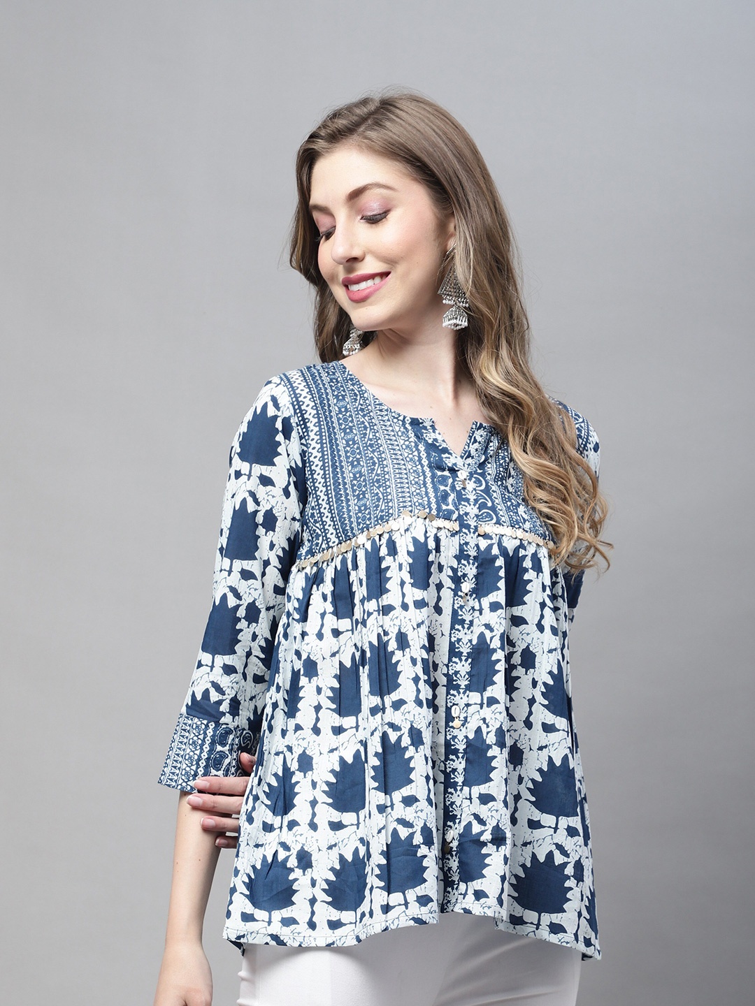 

Rajnandini Floral Print Bell Sleeve Cotton A-Line Top, Navy blue