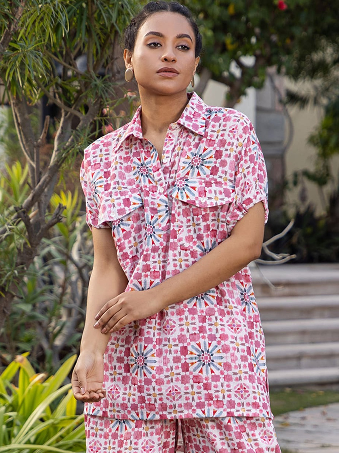 

Ambraee Floral Printed Shirt Style Tunic With Trouser, Pink