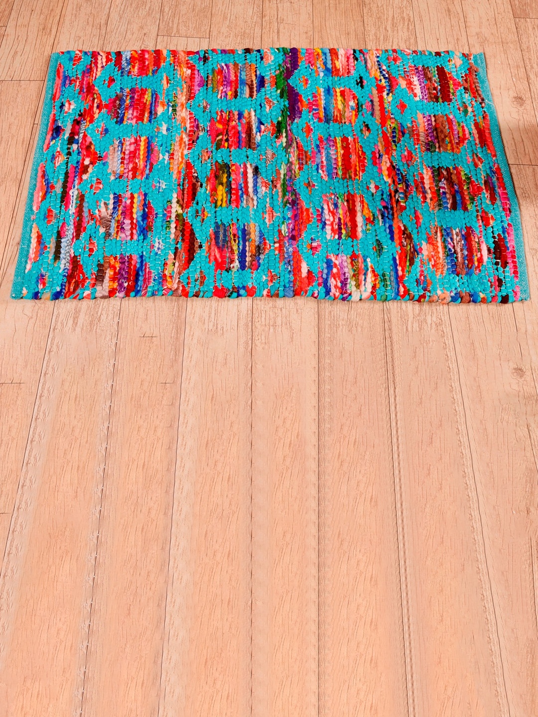 

HANDICRAFT PALACE Turquoise Blue & Red Self Design Braided Cotton Carpet