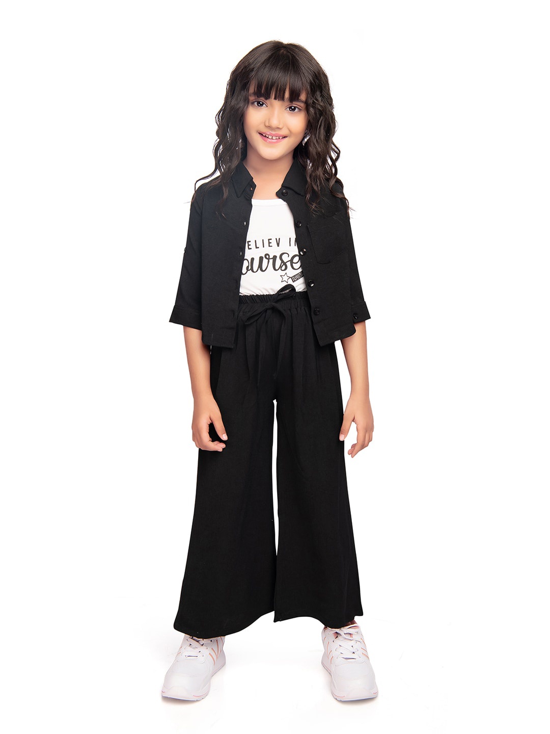 

Tiny Kingdom Girls Printed Cotton Top with Trousers & Shirt, Black