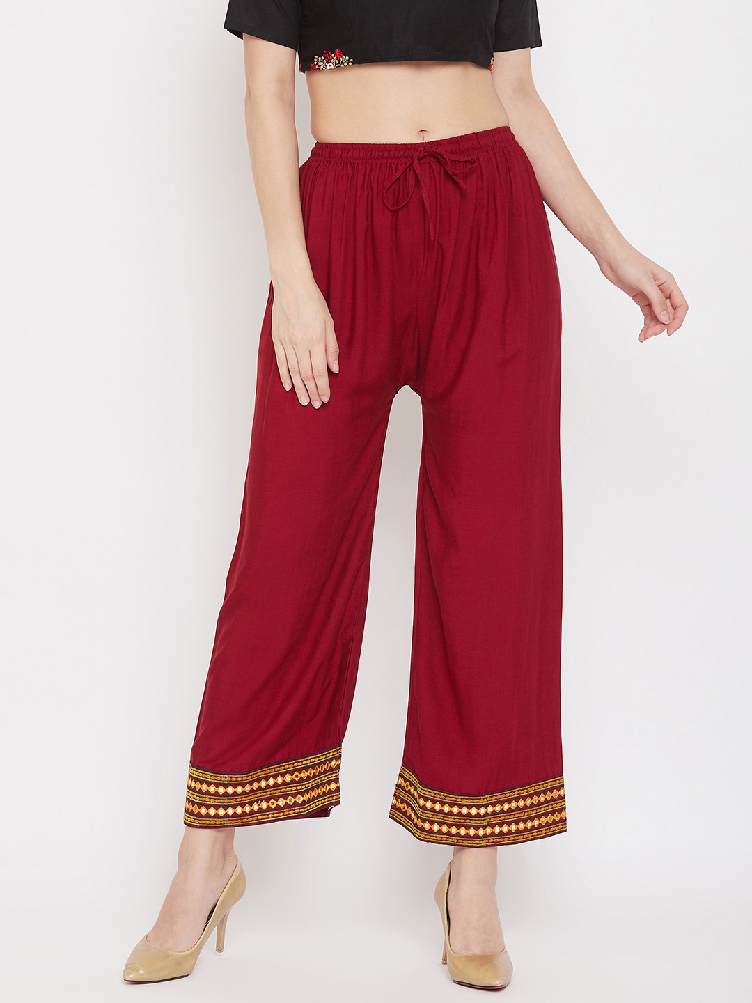 

Clora Creation Women Geometric Hem Design Straight Palazzo, Maroon
