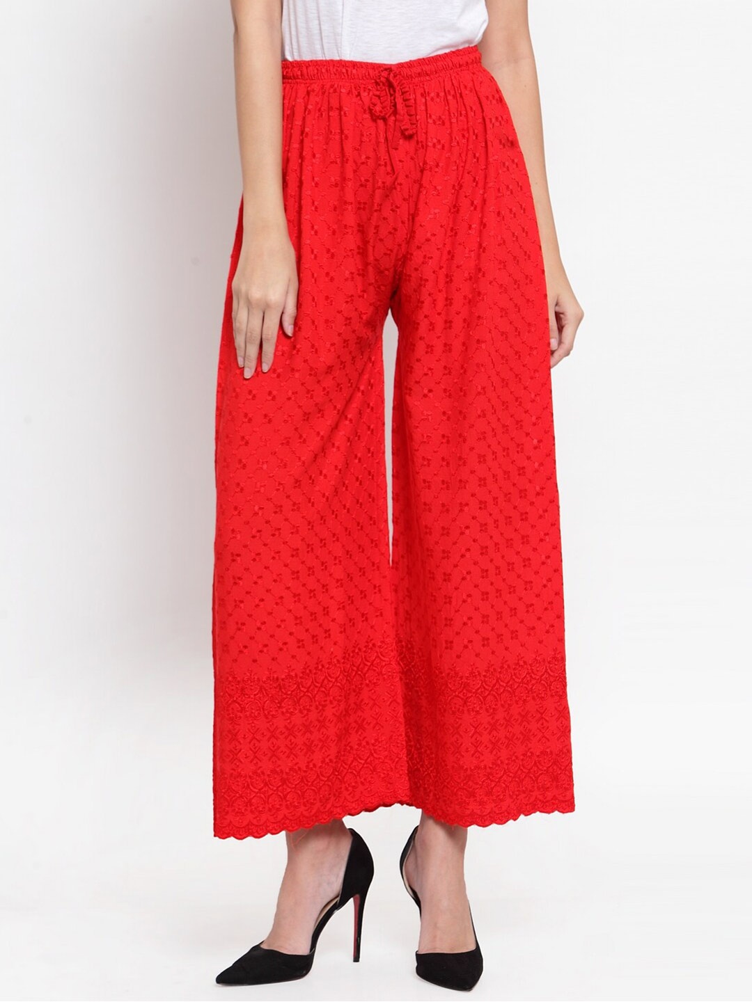 

Clora Creation Women Floral Embroidered Chikankari Straight Palazzo, Red