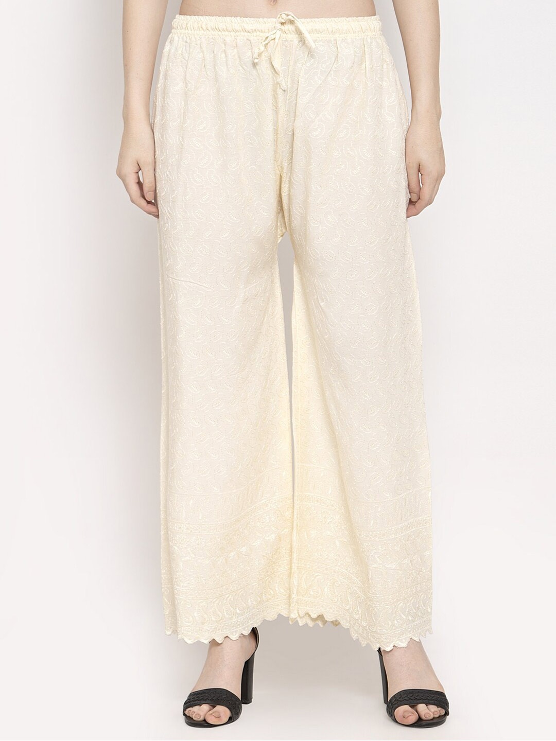 

Clora Creation Women Floral Embroidered Chikankari Straight Palazzo, Cream