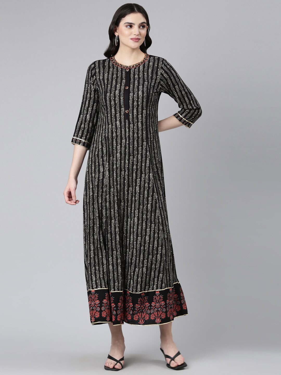 

Neerus Ethnic Motifs Printed Embellished A-Line Dress, Black
