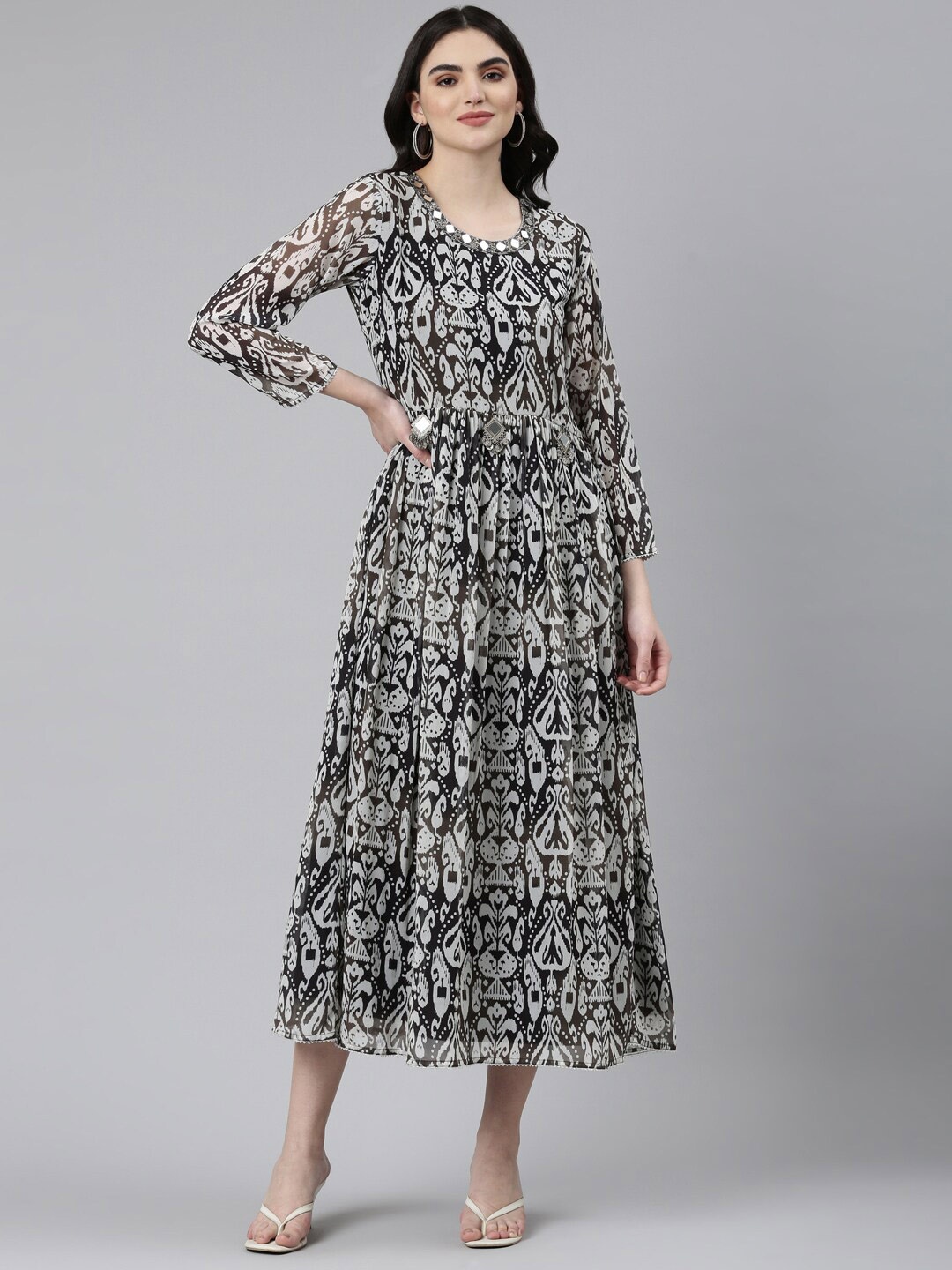 

Neerus Ethnic Motifs Printed Embellished Monochrome Georgette Fit & Flare Ethnic Dress, Black