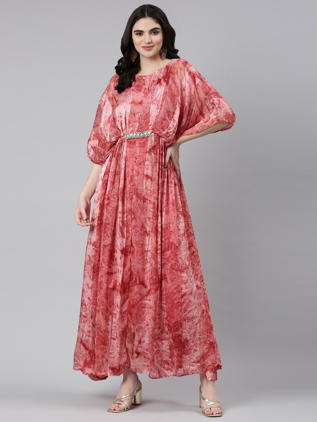 

Neerus Abstract Printed Extended Sleeve Gathered & Embellished Georgette Kaftan Dress, Orange