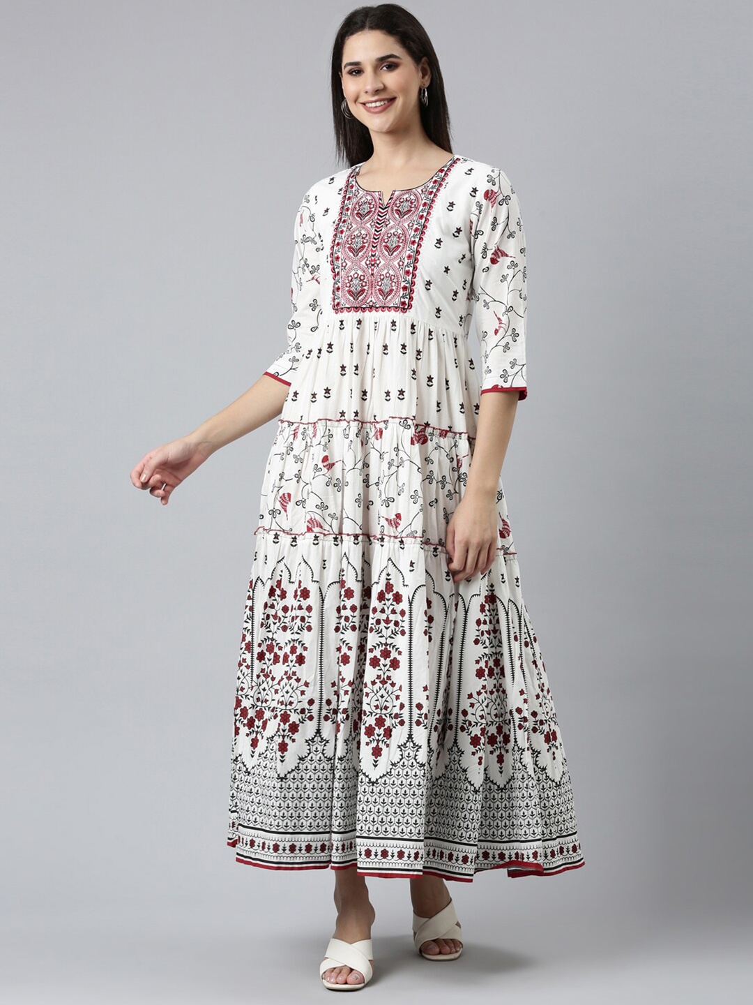 

Neerus Ethnic Motifs Printed Round Neck Cotton Ethnic Dress, White