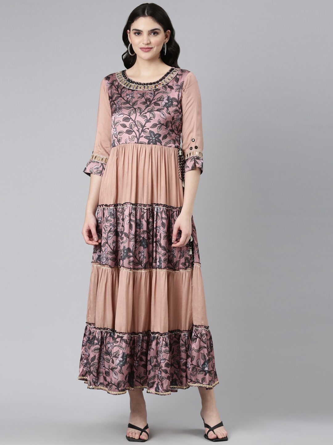 

Neerus Floral Printed Embellished Cotton Tiered Fit & Flare Ethnic Dress, Pink