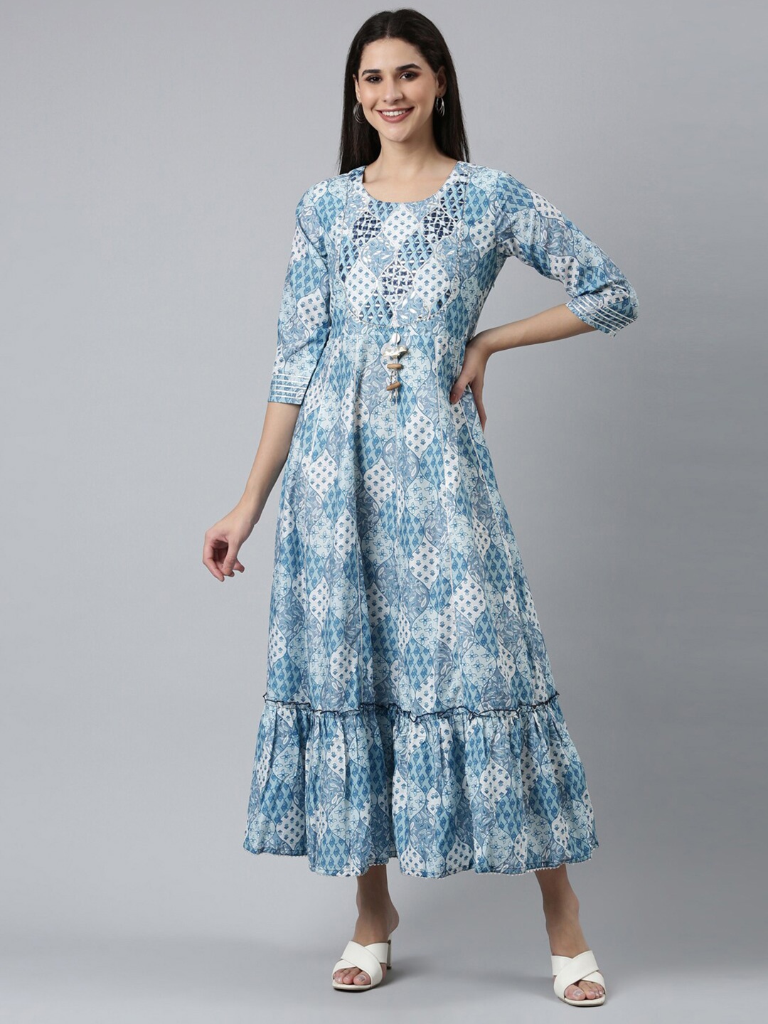 

Neerus Cotton Ethnic Printed Gotta Patti A-line Ethnic Dress, Blue