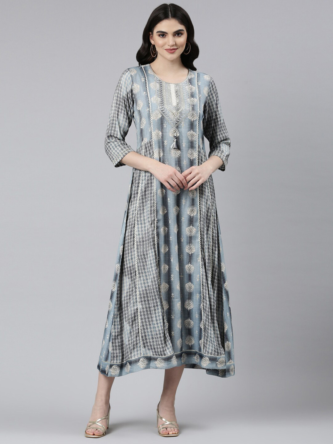 

Neerus Ethnic Motifs Printed Embroidered A-Line Ethnic Dress, Grey