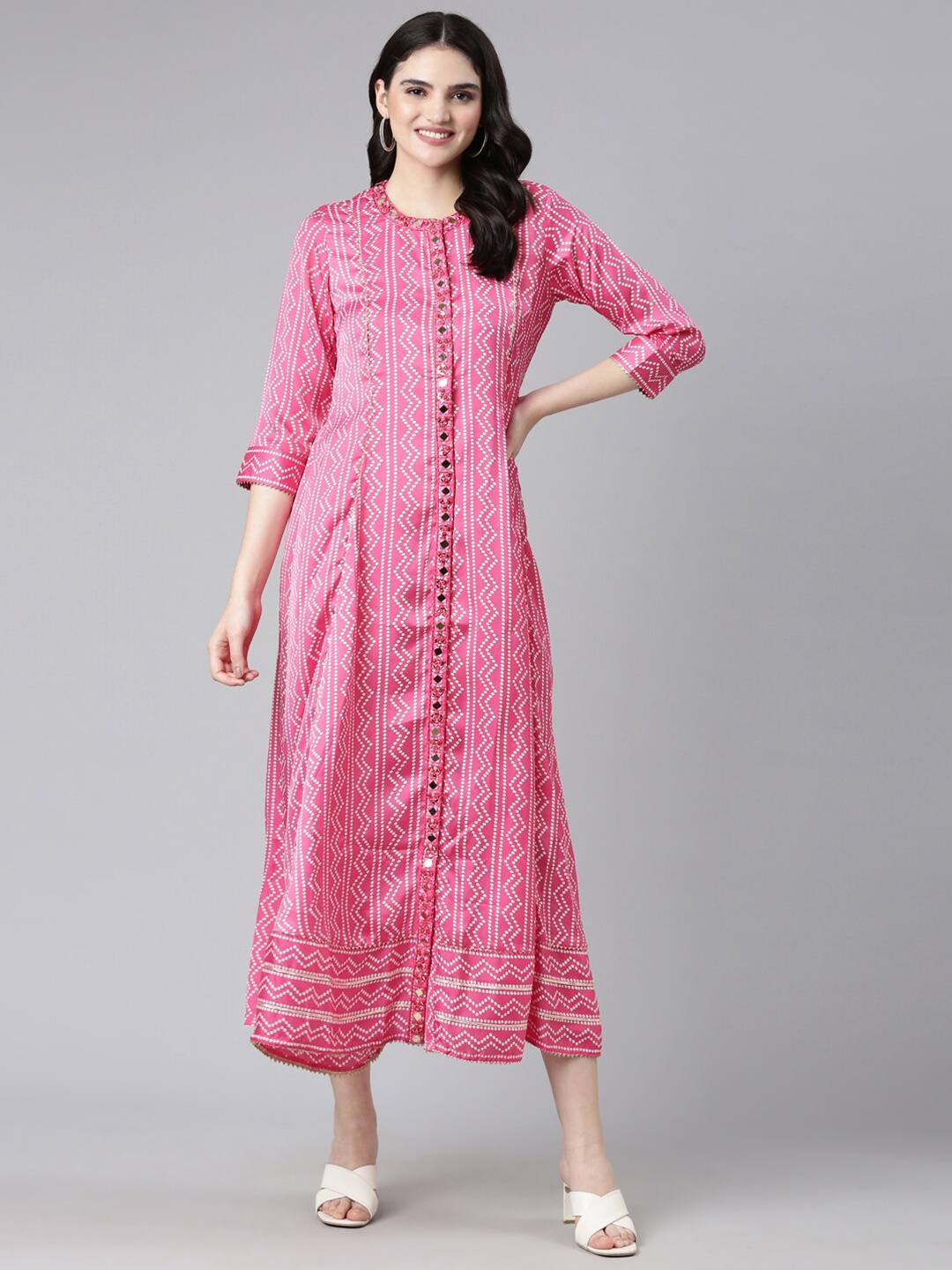 

Neerus Ethnic Motifs Bandhani Printed Embellished Cotton A Line Ethnic Dress, Pink