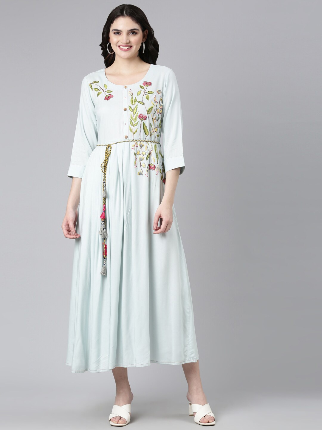 

Neerus Embroidered & Tie Up Cotton A Line Dress, Blue