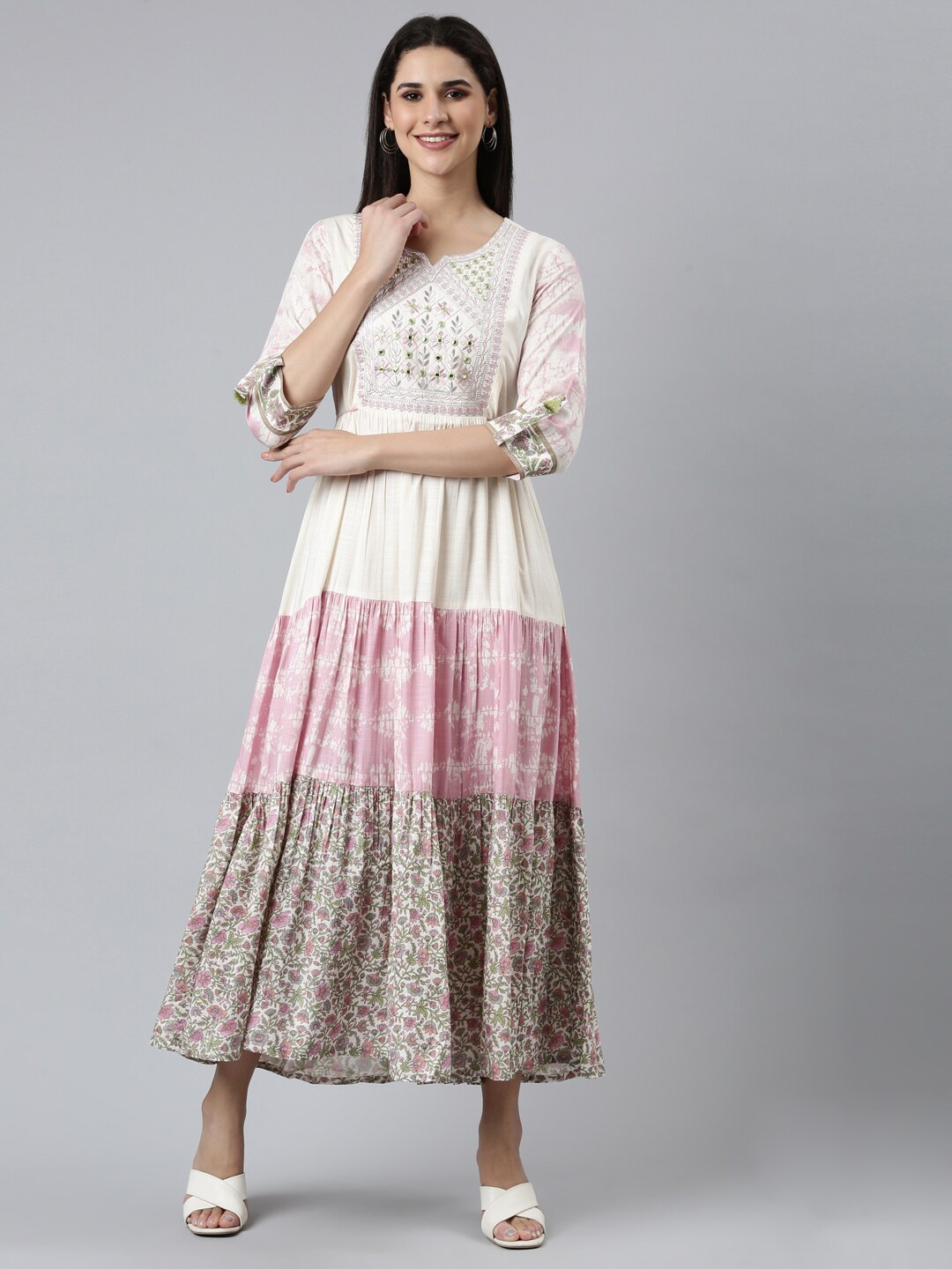 

Neerus Ethnic Motifs Printed Tiered Mirror Work Ethnic Gown Dress, White