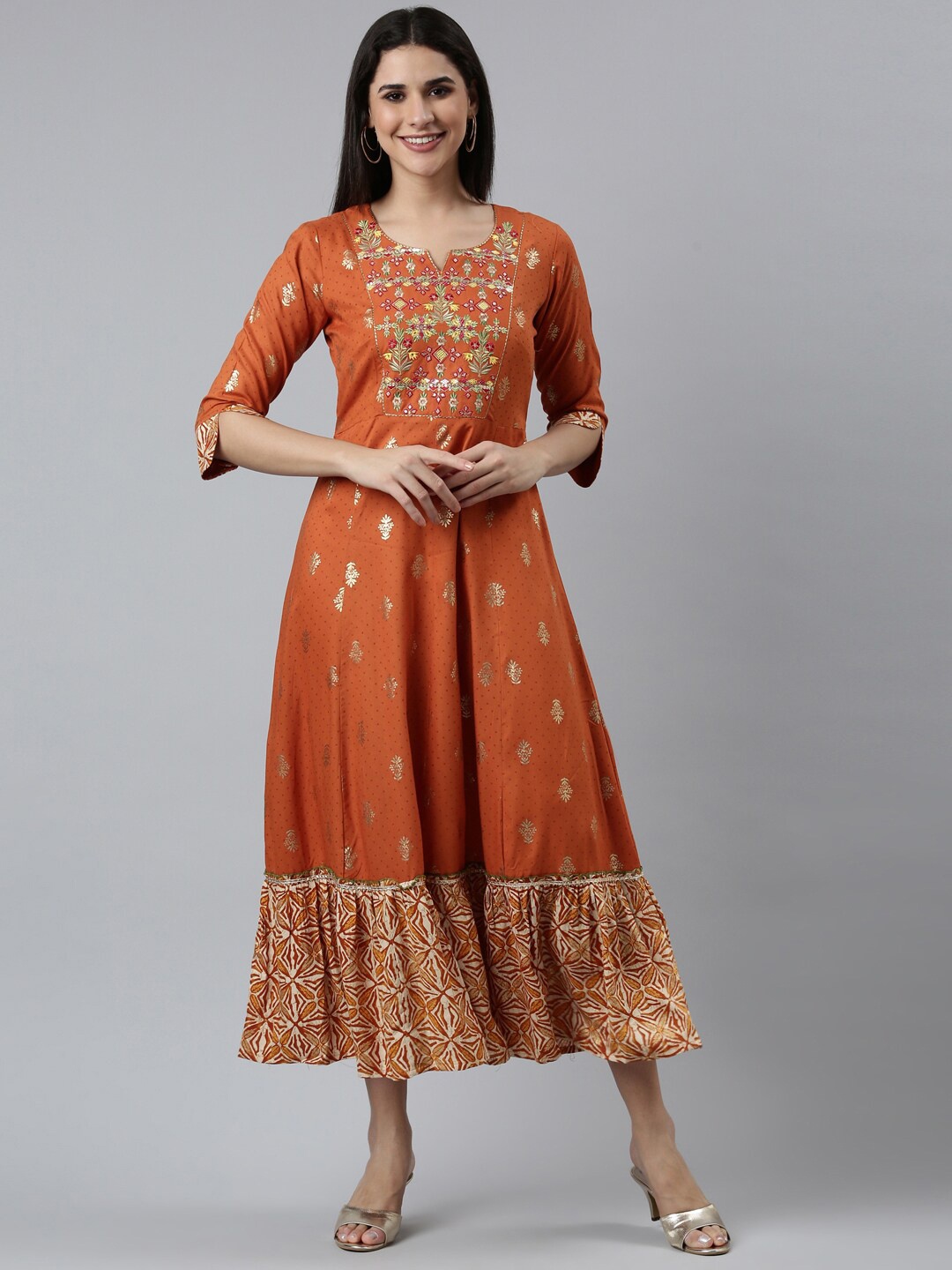 

Neerus Ethnic Motifs Printed Tiered Fit & Flare Midi Dress, Rust