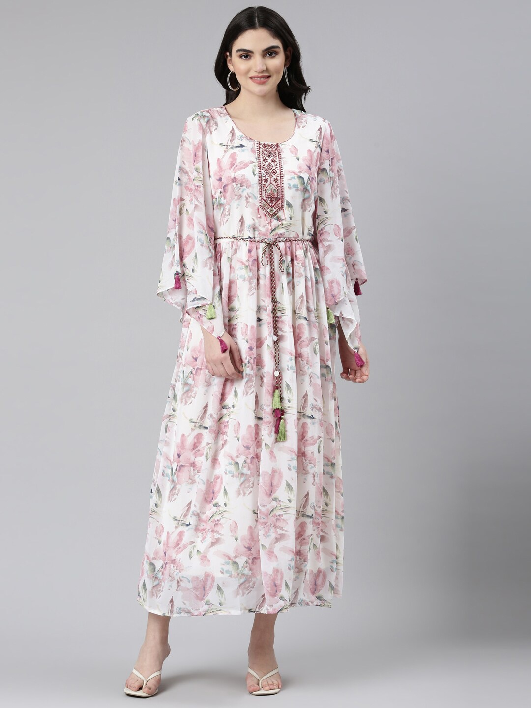 

Neerus Floral Printed Flared Sleeves Georgette Fit & Flare Maxi Dress, Pink