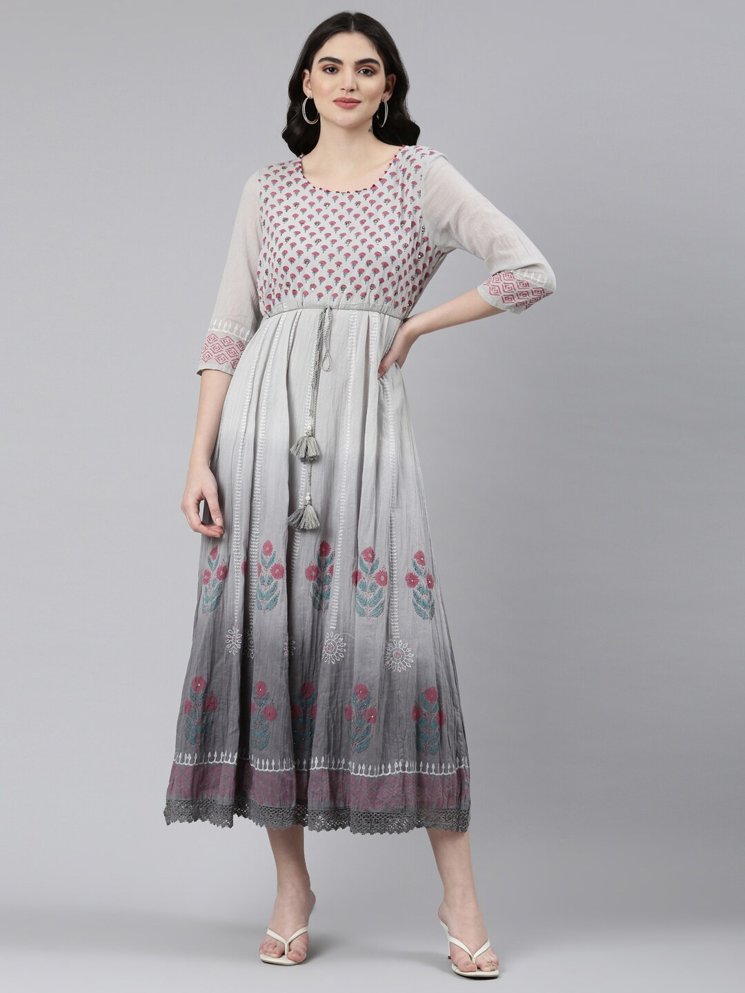 

Neerus Floral Printed Embellished Cotton Fit & Flare Ethnic Dress, Grey