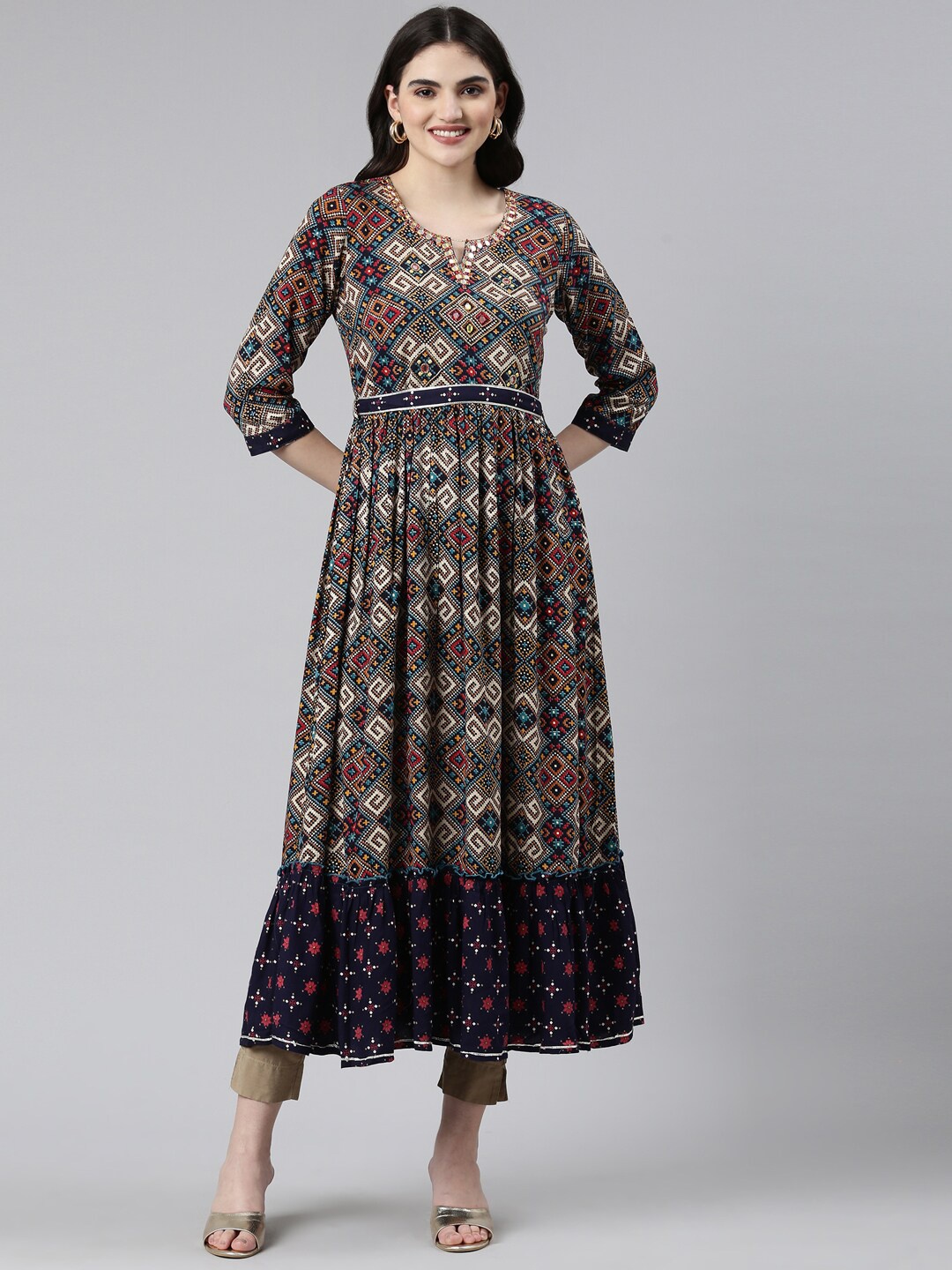 

Neerus Geometric Printed Mirror Work Detailed Layered A-Line Kurta, Navy blue