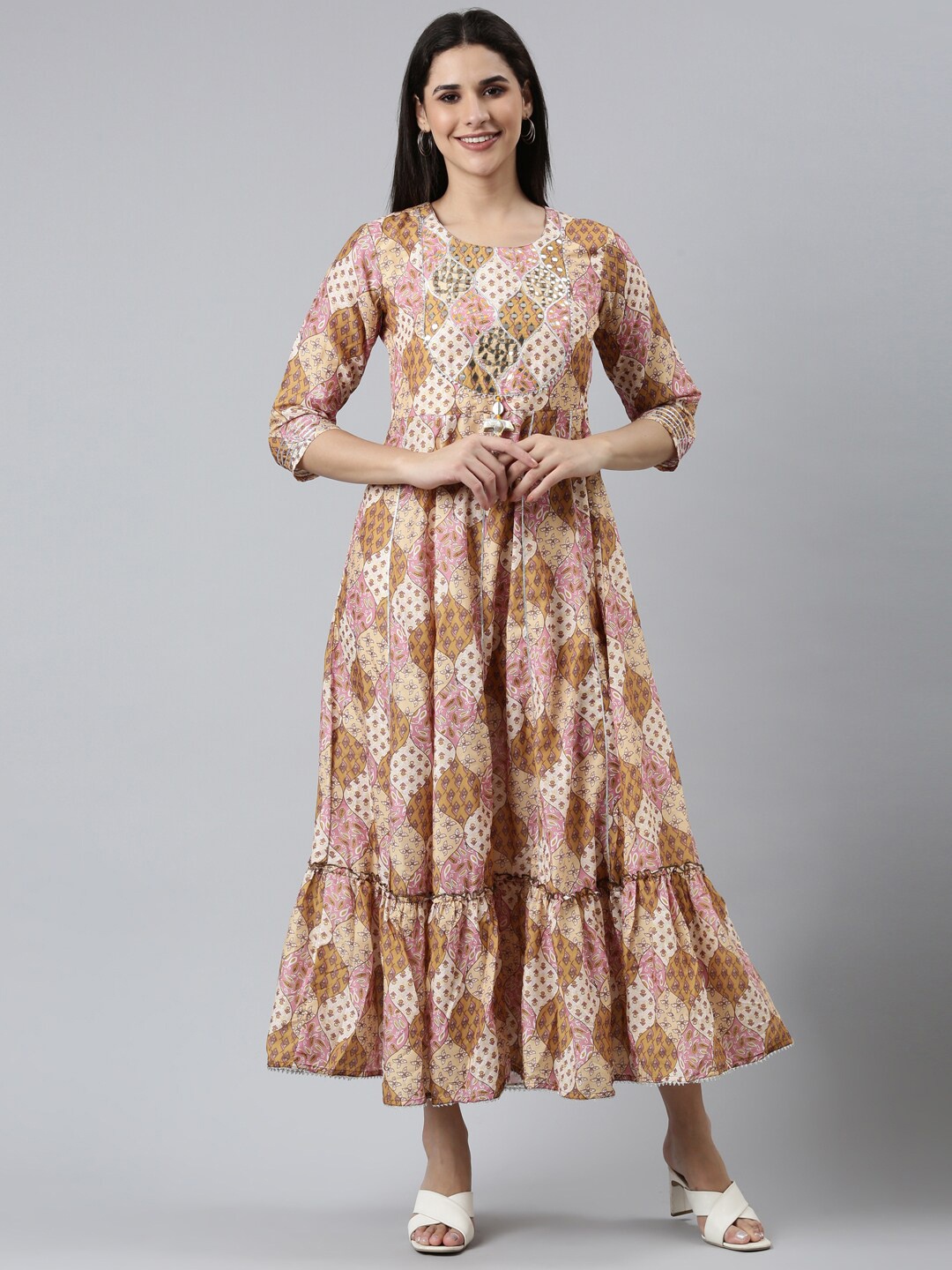 

Neerus Ethnic Motifs Printed Layered Midi A-Line Ethnic Dress, Cream