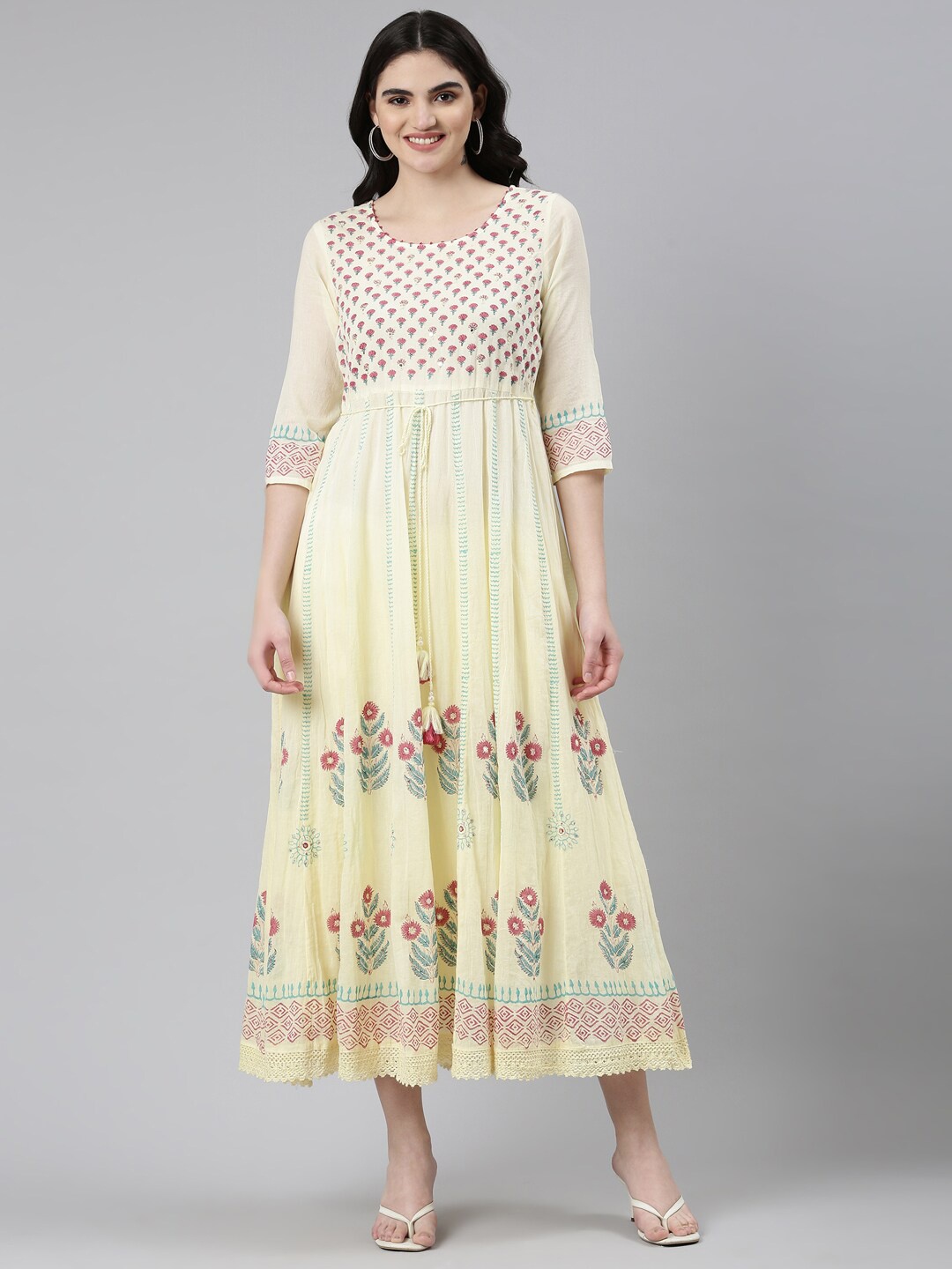 

Neerus Floral Printed Round Neck Three-Quarter Sleeves Cotton Ethnic Dress, Yellow