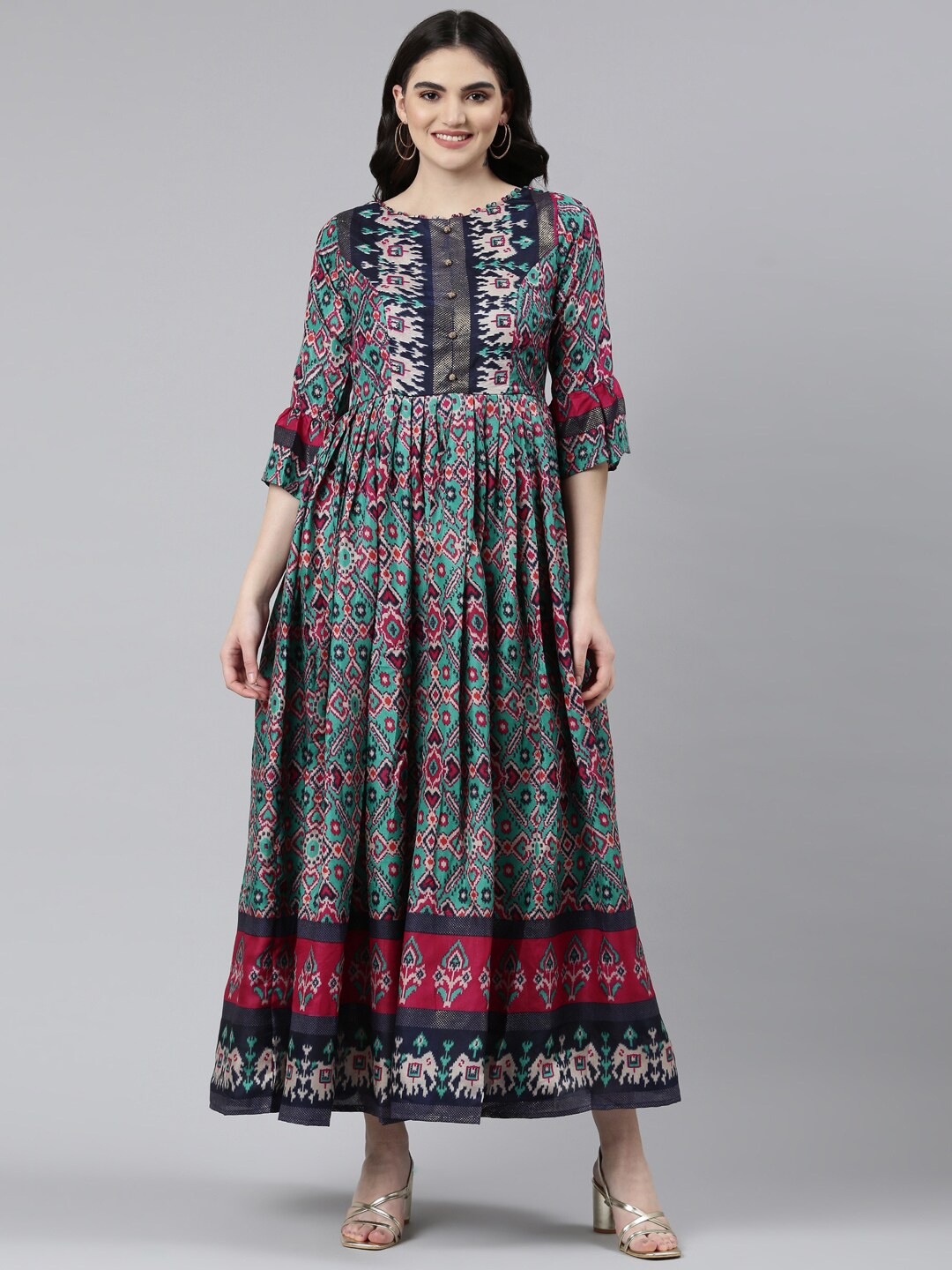 

Neerus Ethnic Motifs Printed Cotton Maxi Dress, Green