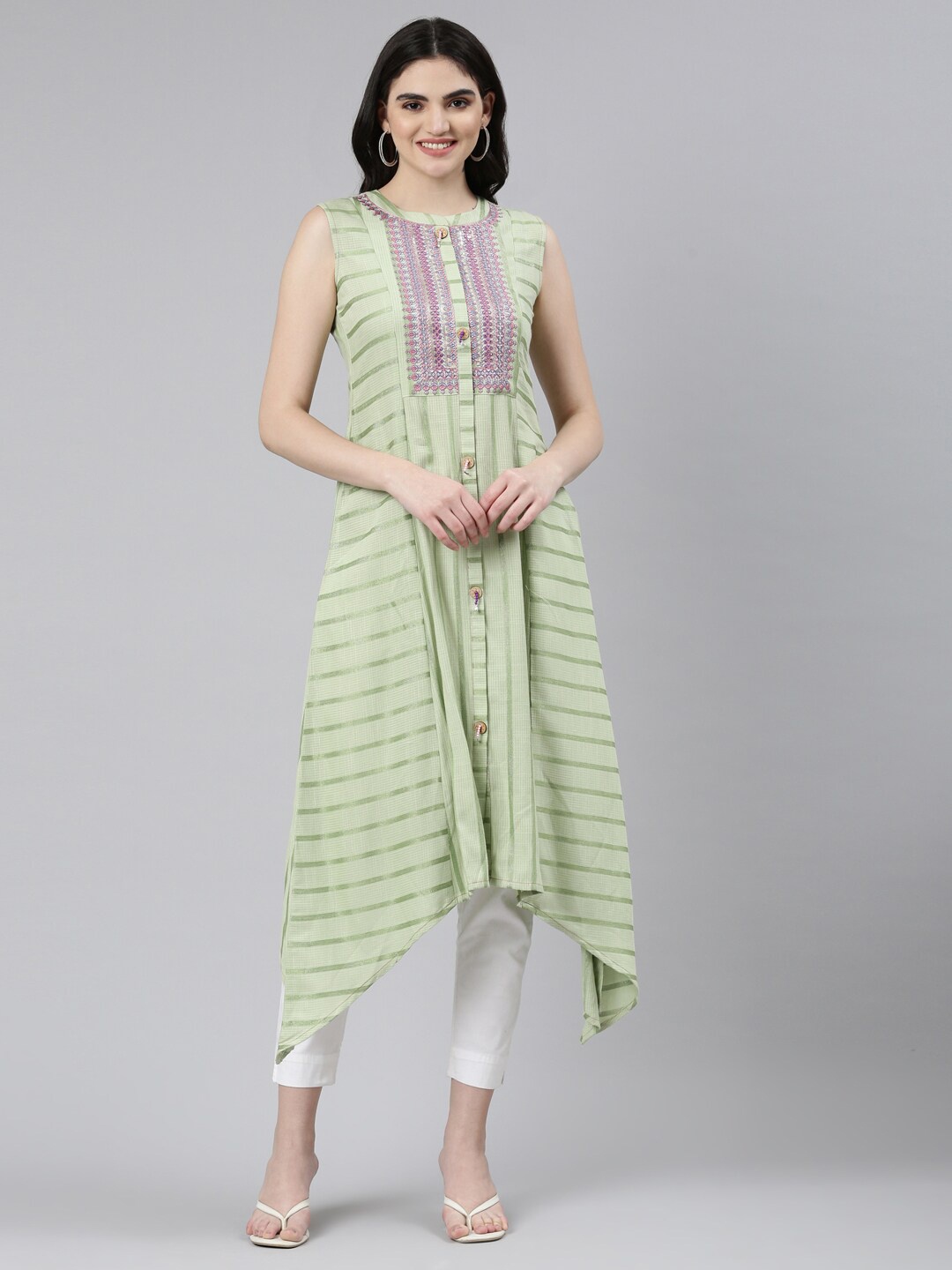 

Neerus Embroidered Striped A-line Kurta, Green