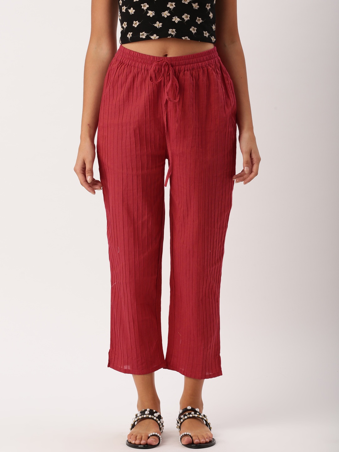 

IMARA Women Pink Regular Fit Striped Regular Trousers