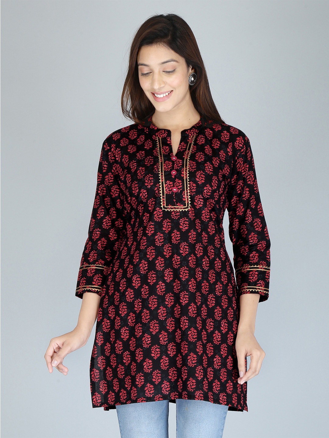 

KANNAHI Ethnic Motifs Block Printed Pure Cotton Kurti, Black