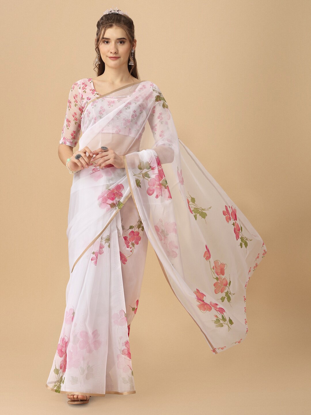 Dori Floral Printed Zari Organza Saree, White