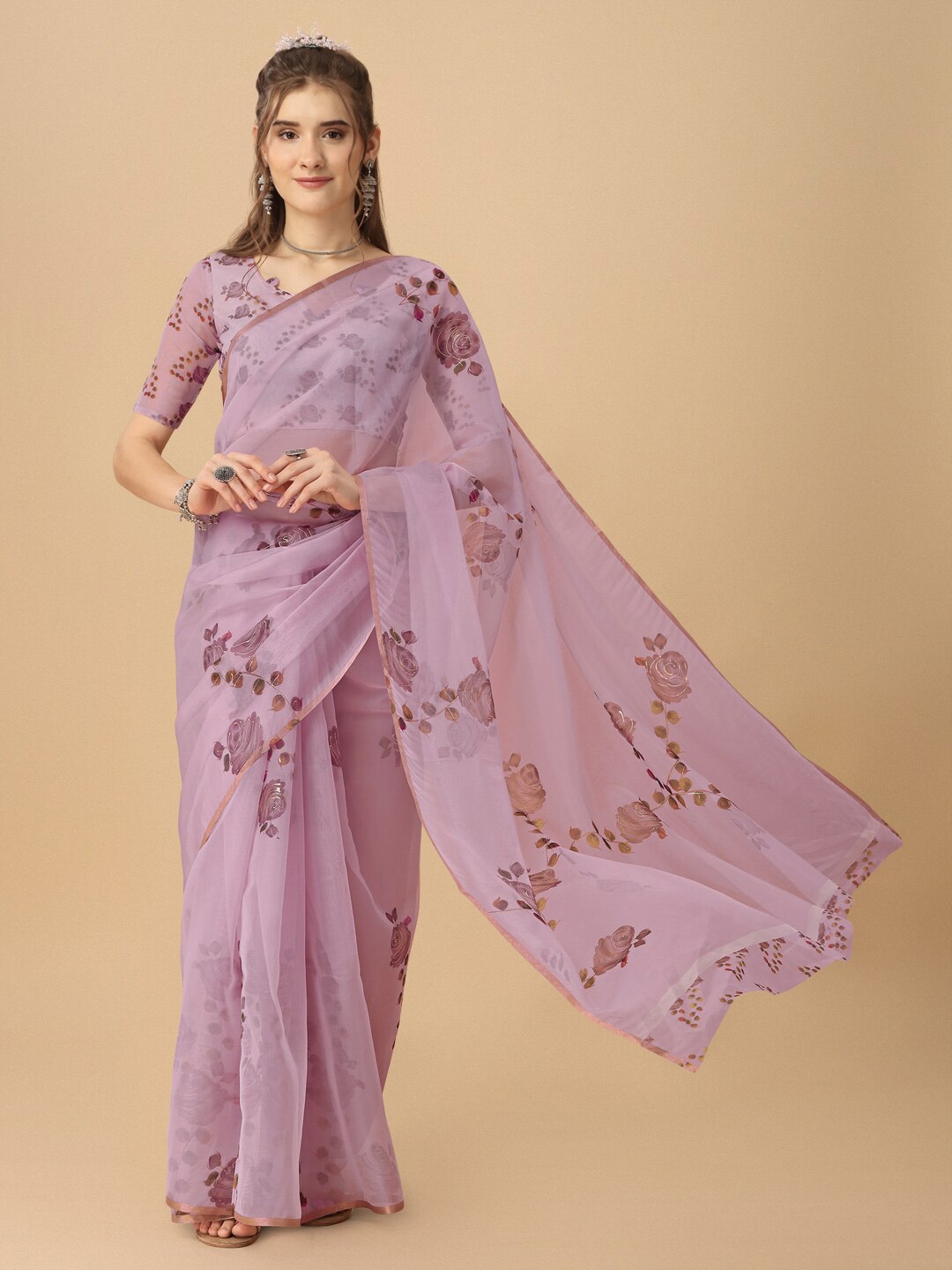 

Dori Floral Printed Zari Organza Saree, Lavender