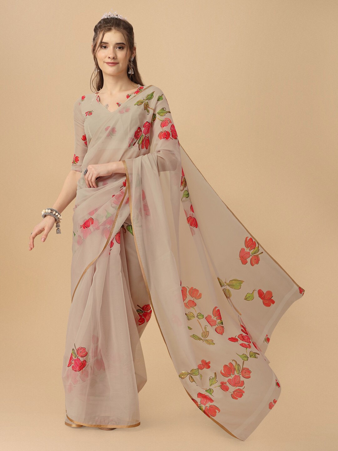 

Dori Floral Printed Zari Organza Saree, Beige