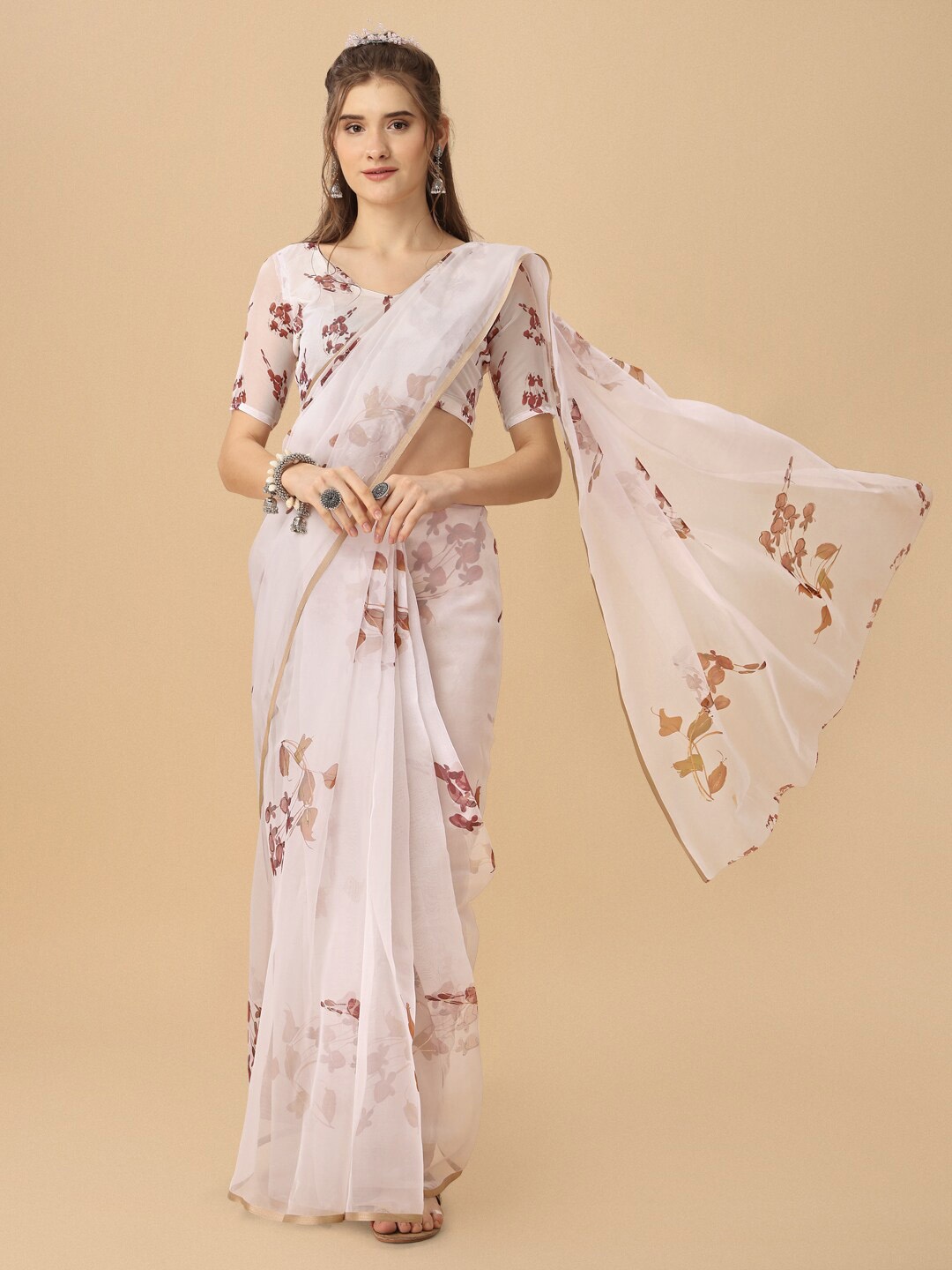 

Dori Floral Printed Zari Organza Saree, White