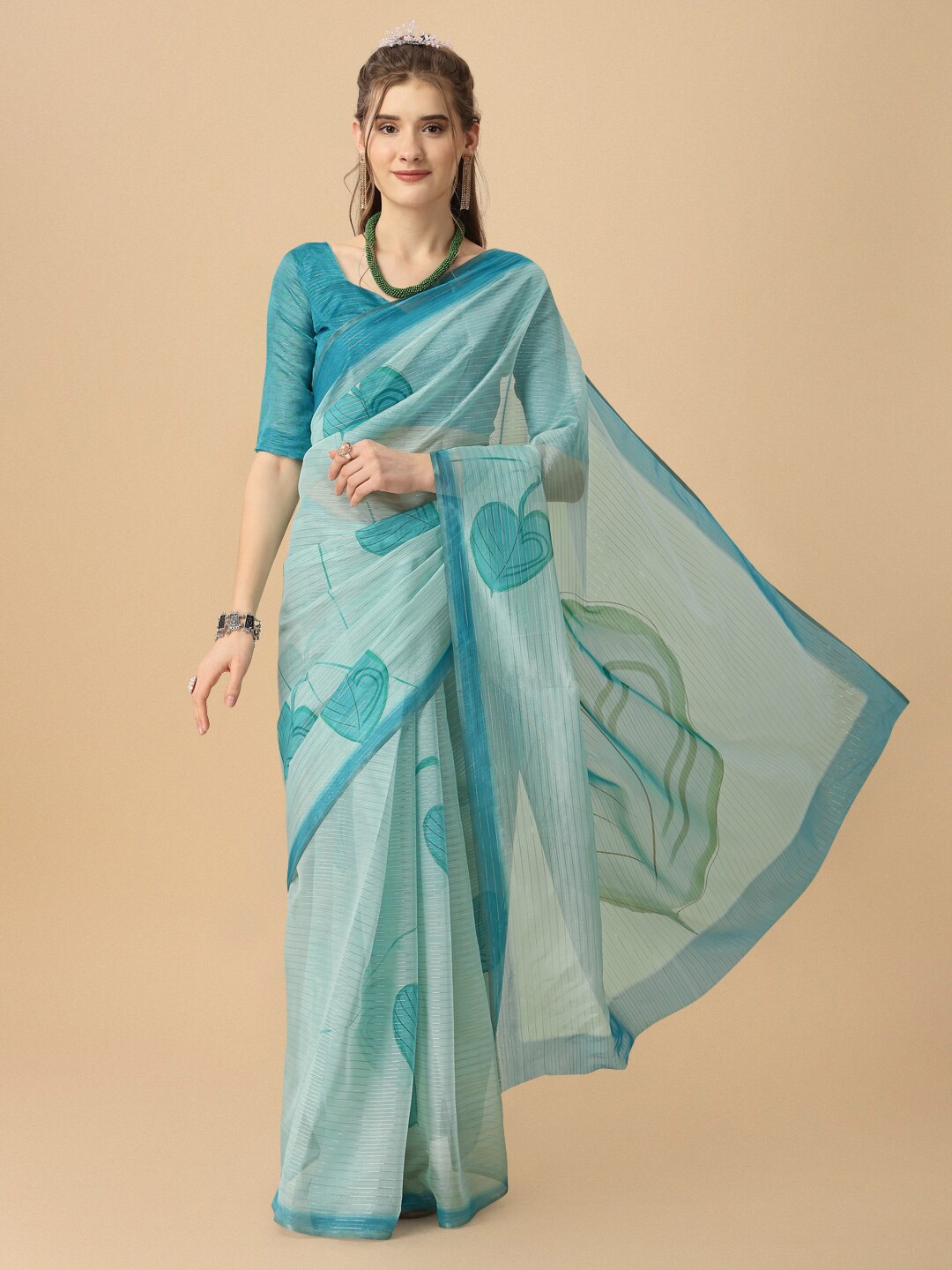 

Dori Floral Printed Organza Saree, Teal