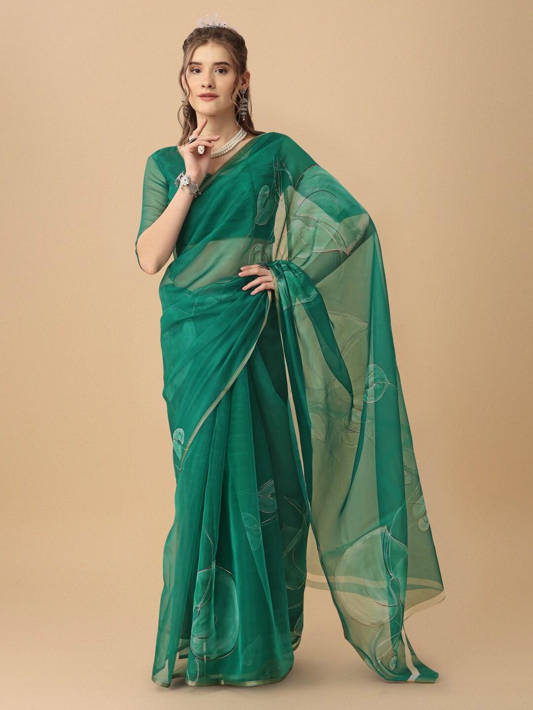 

Dori Floral Printed Organza Saree, Green