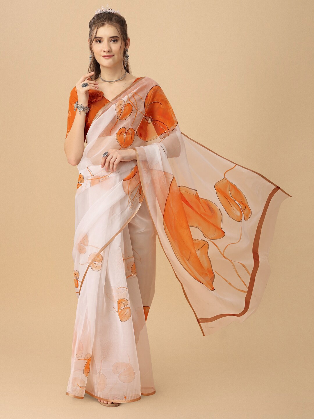 

Dori Floral Printed Organza Saree, Cream