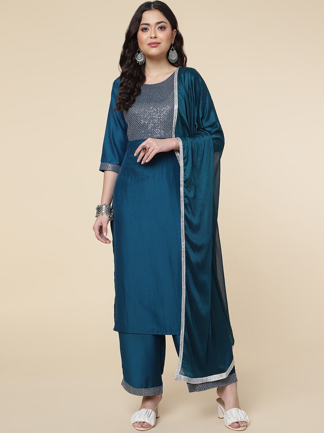 

HERE&NOW Blue Embroidered Sequinned Kurta with Trousers & Dupatta