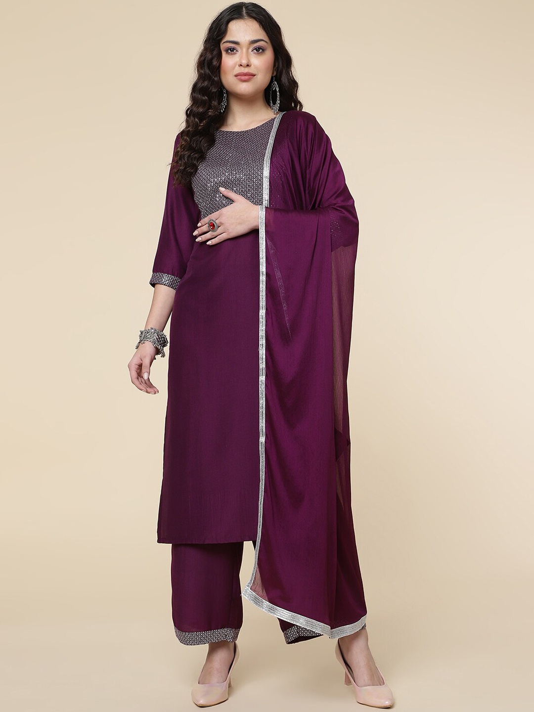 

HERE&NOW Purple & Silver-Toned Yoke Design Sequinned Kurta with Palazzos & Dupatta