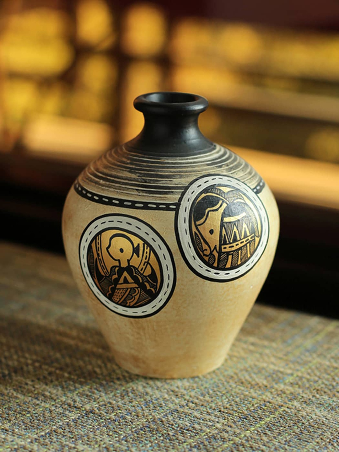 

ExclusiveLane Black & White Terracotta Printed Matki Shaped Vase, Gold